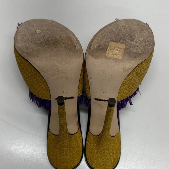 Dolce & Gabbana Keira Straw Mules Heels Open Toe Pumps Shoes Yellow Size EU 37 7 - Picture 8 of 13